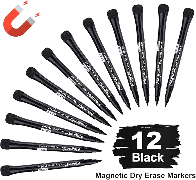 Browill Magnetic Dry Erase Markers, (12 pk) Dealkits Low Odor White Board Markers with Erasers for Kids Teacher Supplies for Classroom Work on White Board, Calender, Fine Tip Point, Black