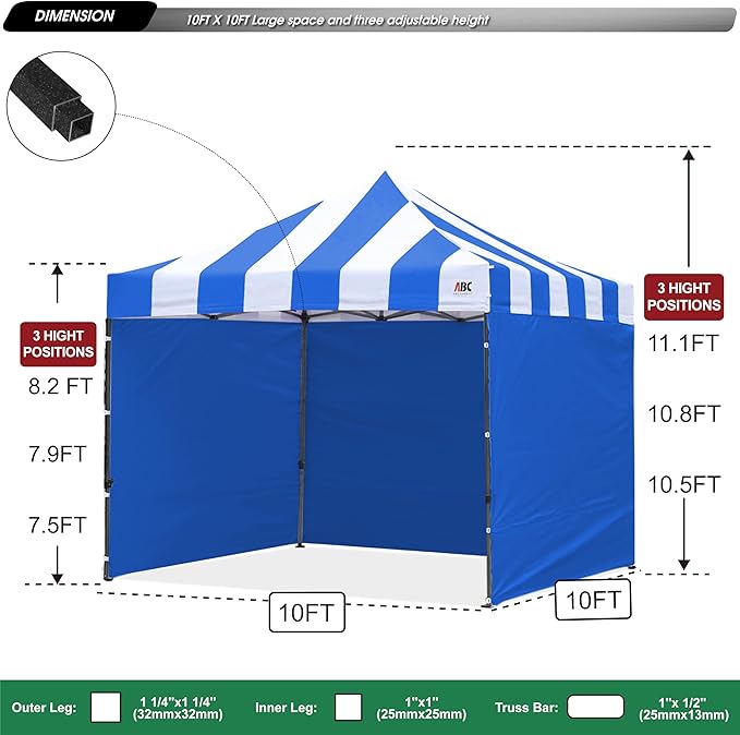 ABCCANOPY Heavy Duty Easy Pop up Canopy Tent with Sidewalls 10x10,Strip RoyalBlue