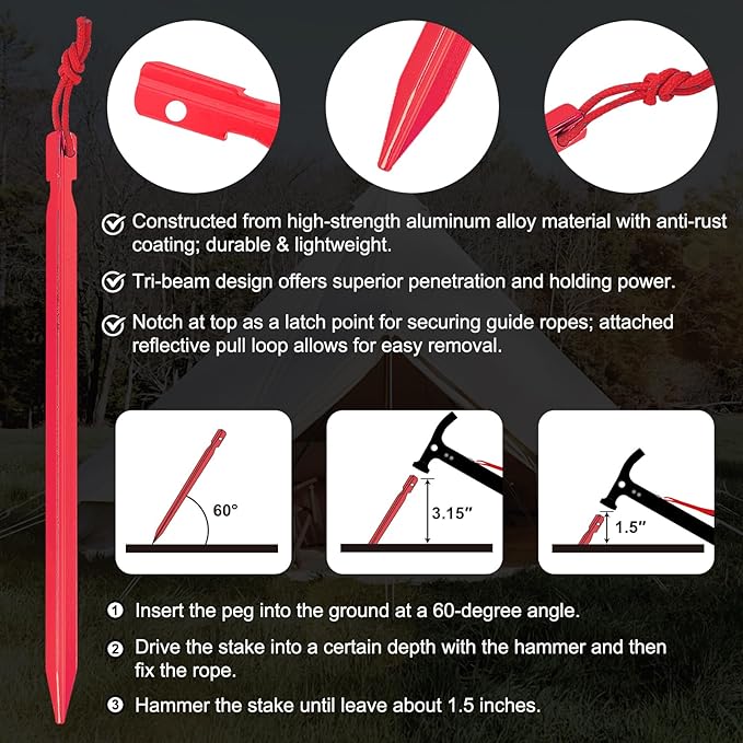 Eurmax USA Hiking Camping Tent Stakes and Hammer Set Lightweight Multi-Function Tent Hammer with Tent Stake Remover,Tent Pegs for Camping, Hiking, Backpacking, Gardening(Red Stakes)