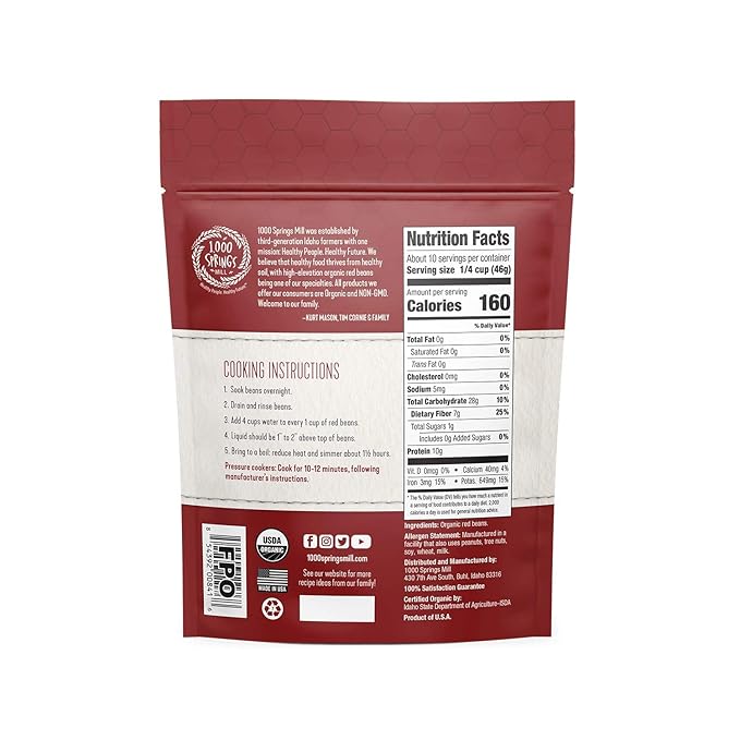 1000 Springs Mill - Organic Red Beans | Used for Soups, Salads, Chili or as a Sweet Paste for Desserts | Bulk Dry Red Beans | Resealable Bag | Vegan Friendly | 16oz (Pack of 1)