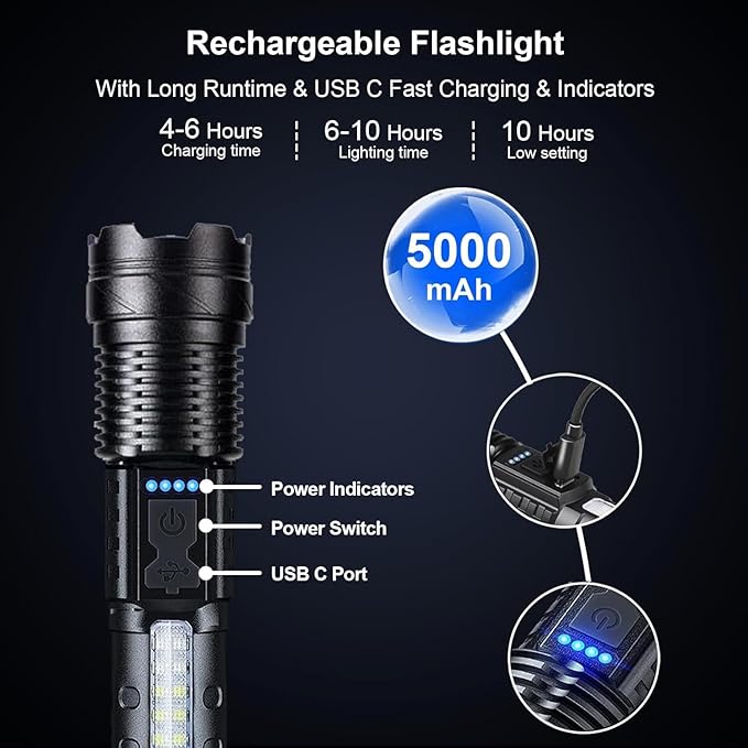 Rechargeable Flashlights High Lumens 2 Packs, 980,000L Super Bright Zoomable Tactical Flash Light with 7 Modes, Battery Powered, Cob Side Light, USB C, LED Handheld Flashlight for Emergency