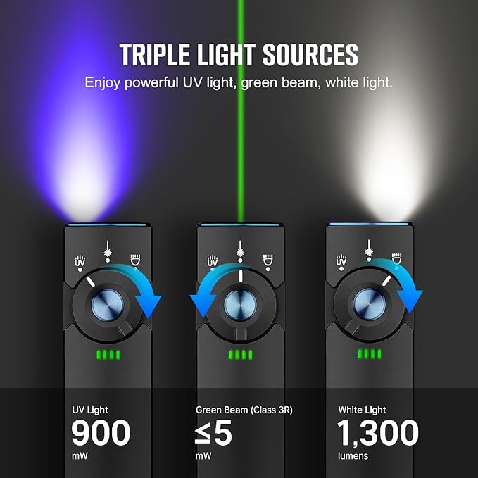 OLIGHT Arkfeld Pro Rechargeable EDC Flat Flashlight with Green Beam, UV and White LED Combo, 1300 Lumens Portable Pocket Lights, Triple Sources for Outdoors Emergency Working (Black NW)