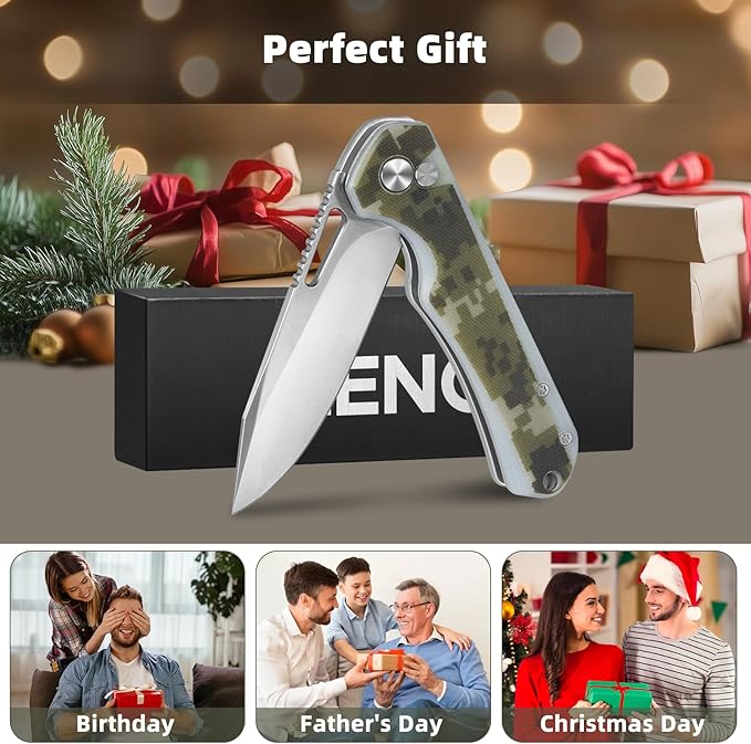 ZENG Folding Pocket Knife, 3.15" D2 Steel Blade Pocket knives, G10 Handle Small EDC Knife, Liner Lock knife, Pocket Knife with Clip for Men Women, Sharp Pocket knives for Camping Hiking Hunting (Camo)