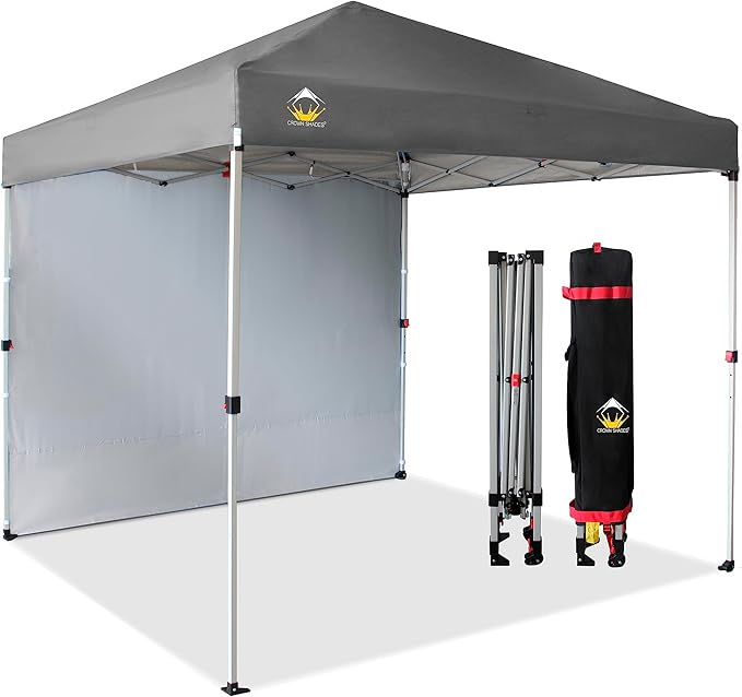 CROWN SHADES 8x8 Pop Up Canopy with 1 Side Wall - Beach Tent with One Push Setup - Outdoor Sun Shade for Events, Parties, Camping - Gazebo with STO-N-Go Cover Bag (Grey)