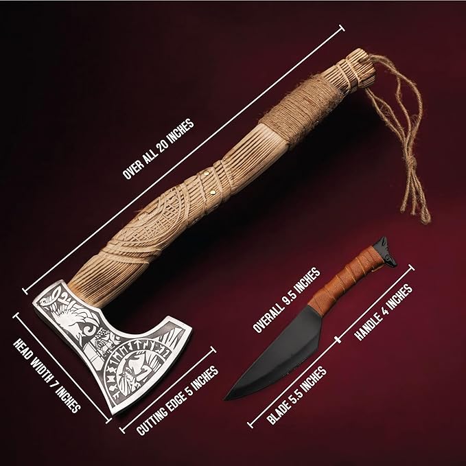 Viking Axe with Gift Viking Knife Also Leather Sheaths, Carbon Steel, Carved Wooden Handle, Bearded Heaven Hatchet for Camping, Throwing, Survival, Splitting, Felling, Chopping, Hiking (Axe - 02)