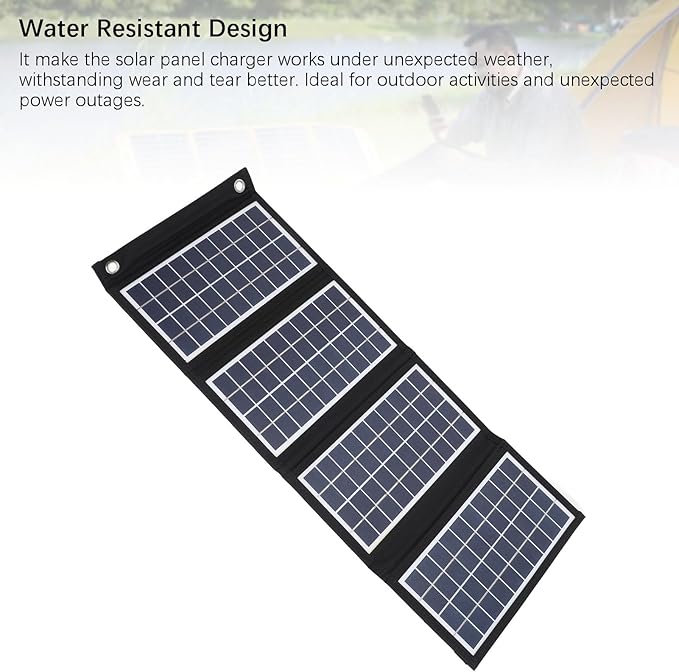 Portable Solar Panel, 30W 5V Foldable Solar Panel Charger with Dual USB Outputs, 4 Fold Water Proof Solar Panel with 2 Hooks, for Outdoor Camping Trip