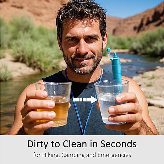 Detachable Straw Water Filter - Backwashable, Portable Water Filter for Camping, Hiking, Survival & Emergencies, Built-in Compass, 1-Pack