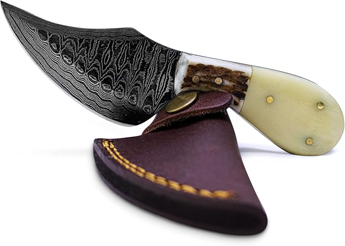 Titan International Knives Damascus EDC Skinning Fixed Blade Knife | Handmade 1095 4340 Carbon Mix Hand Pounded | Stag Horn & Camel Bone Grip for Hunting with Sheath