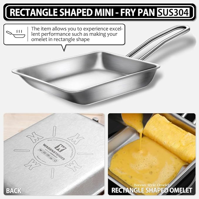 Stainless Steel Fry Pan, 3-Ply Reinforced Body, Rectangular Omelet Pan, Oven & Dishwasher Safe, Induction Compatible, Portable Camping Cookware, Mini or Small Size (14.2Lx5.5WX1.2H inch)