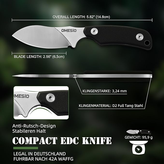 Omesio Neck Knife, 5.82" Fixed Blade Knife with Kydex Sheath and Necklance, Campact Full Tang Tactical Neck Knife with Clip, Nessmuk EDC Small Knife D2 Steel G10 Handle for Outdoor, Survival, Camping