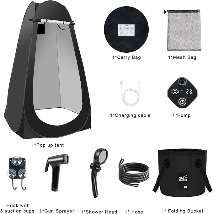 Pop Up Shower Tent for Camping, Portable Outdoor Privacy Shower Tent with 6000mAh Rechargeable Shower