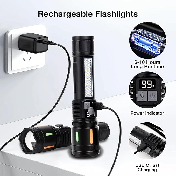 Rechargeable Flashlight High Lumens 900,000L, Super Bright LED Handheld Flashlights, Battery Powered Tactical Flash Light with 5 Modes, Cob Side Light, USB C, Waterproof for Home, Emergency