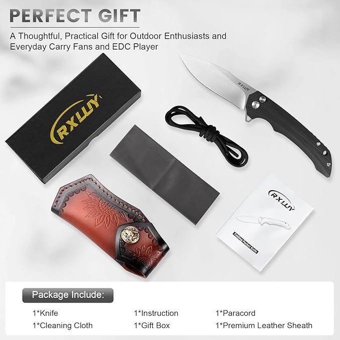 Folding Pocket Knife with Leather Sheath, 3.47" N690Co Premium Steel Blade G10 Handle Knives, EDC Small Folding Knife for Men Women, Outdoor Survival Camping Hiking Knife (Black)