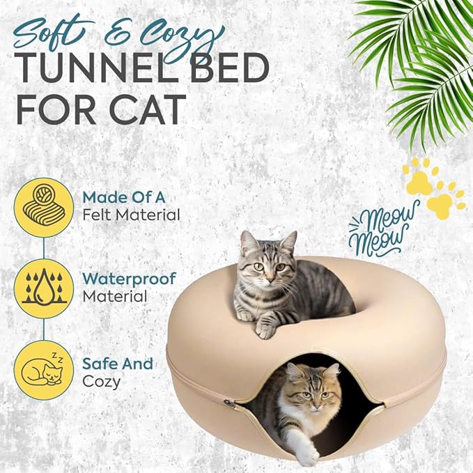 Laluz 2021 Large Cat Tunnel Bed for Indoor Cats Up to 30 Lbs Peekaboo Donut Cave with Catnip and Plush Toys Scratch Resistant Felt Design Detachable and Washable Cat Tunnel (Beige, L)