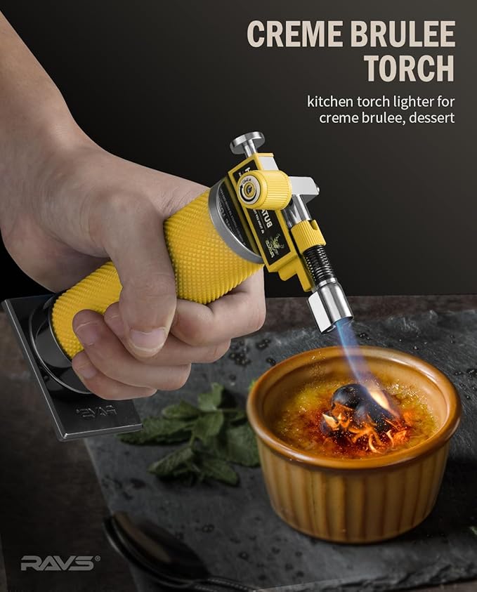 RAVS 2 Flame Mode Butane Torch Lighter, Refillable Kitchen Torch with Adjustable Flame and Safety Buckle, Yellow Jewelry Torch for Welding, Resin Art, Industrial, Butane Fuel not Include