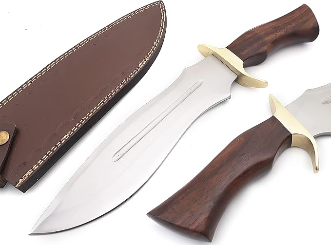 Nooraki Handcrafted D2 Steel Fixed Blade Bowie Knife with Rosewood Handle and Brass Guard, Leather Sheath Included, Ideal for Camping, Hunting, and Everyday Carry - 15.5" Length N368