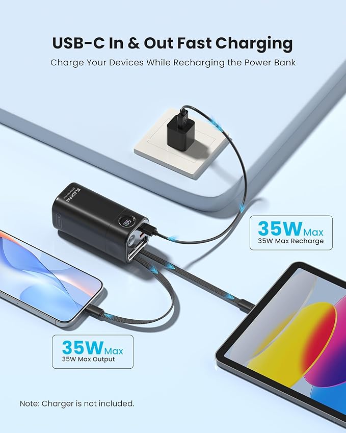 Portable Power Bank, 20,000mAh PD 35W Portable Charger Super Fast Charging with 2 Built-in Cables, USB-C Digital Display Battery Pack for iPhone Air 17/16/15/14/13, MacBook, S24/S25 Ultra