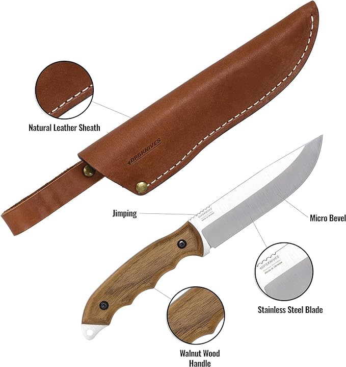 BPSKNIVES HK6 - Handmade Stainless Steel Knife - Fixed Blade Full Tang Bushcraft Knives - Scandinavian Camping Hunting Knife With Leather Sheath - Utility Outdoor Knives