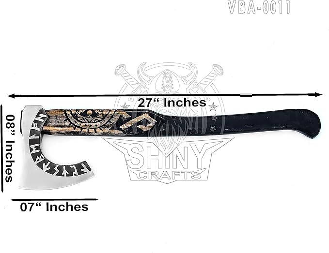 SHINY CRAFTS Viking Axe Hatchet - 27" Long Helm of Awe Carved Forged Steel With Engraving, Medieval Tomahawk, Runic Bearded Axe With Genuine Leather Sheath (VBA-0011)