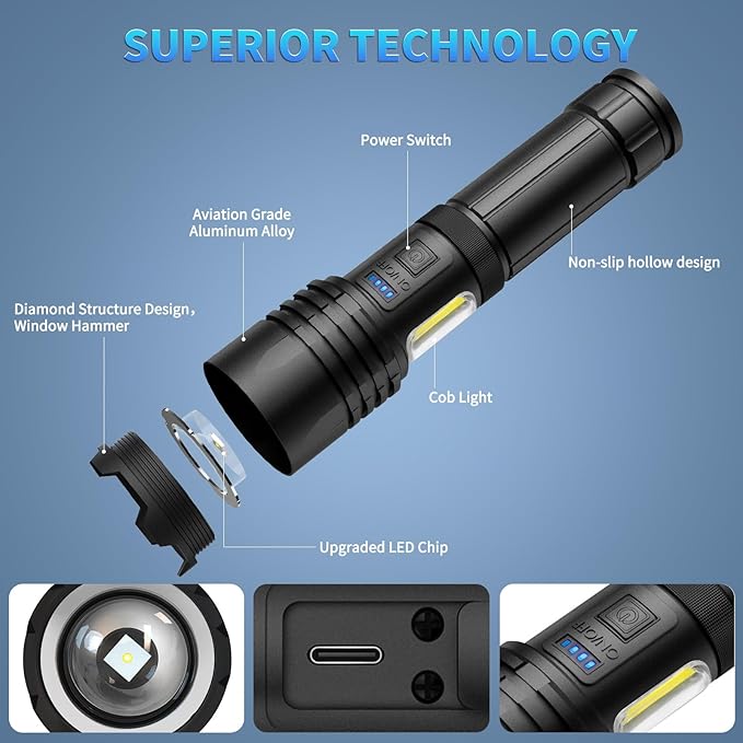 Rechargeable Flashlights High Lumens, 99000 LM Super Bright Flashlight with 7 Modes, Adjustable Powerful Flash Light with COB Light, Waterproof Handheld Flashlight for Home Camping Hunting