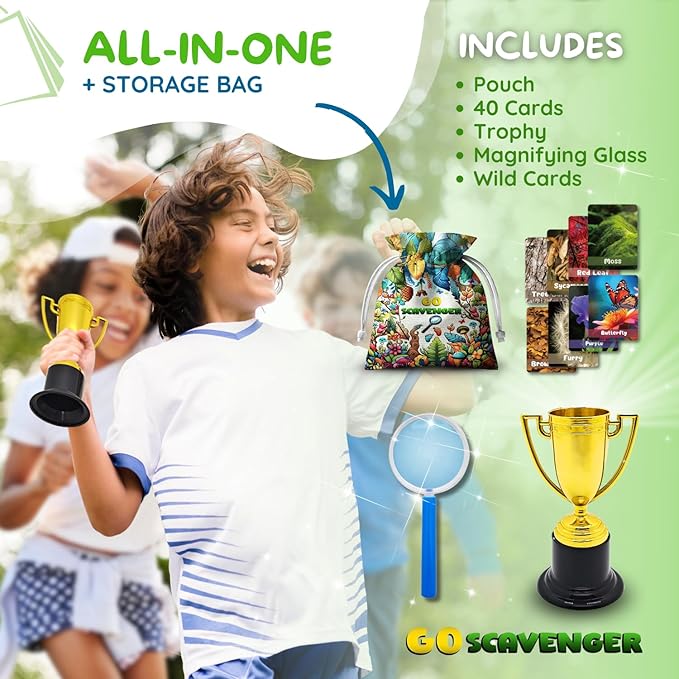Deck?™D - Go Scavenger I 40 Toddler Scavenger Hunt Cards I Fun & Educational Outdoor Games with 5 Play Modes I Inc Magnifying Glass &Trophy I Scavenger Hunt for Kids Ages 4-8 and up