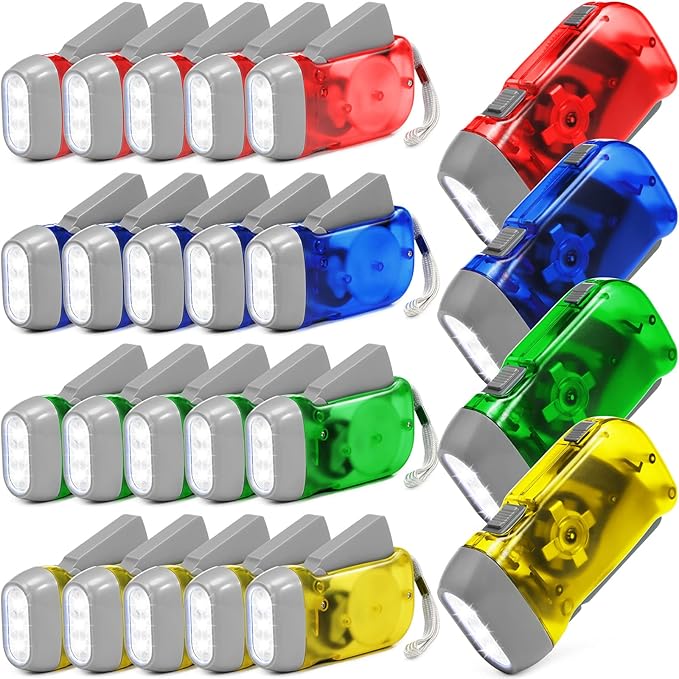 Mudder 24 Pieces Hand Crank Flashlight with LED Self Powered Charging Torch Dynamo for Camping Emergency(Yellow, Green, Blue, Red)