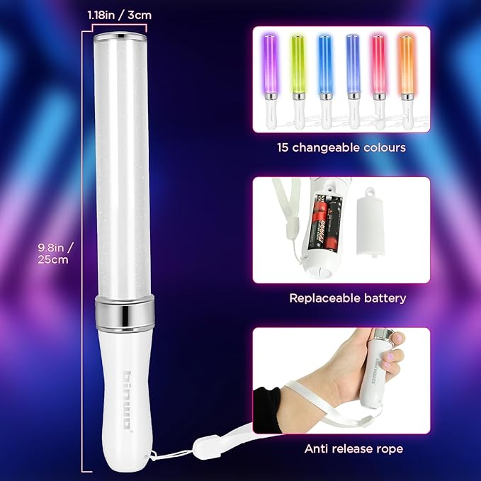 BINWO Reusable LED Glow Stick with 15 Multicolor(1pcs), Equipped with 3 x AAA Batteries Powered LED Stick, Concert Glowstick, Raves (15+ Years Old)