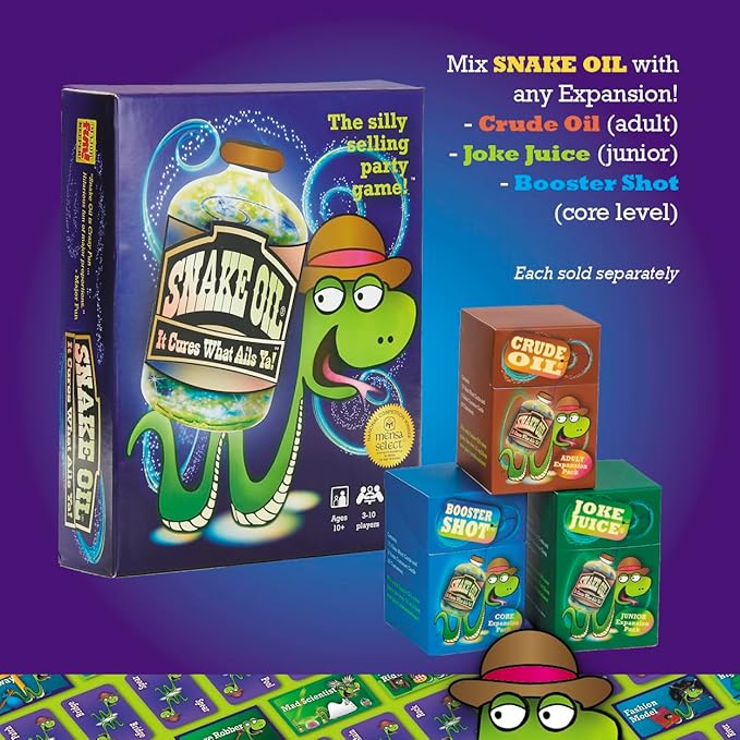 SNAKE OIL - The Silly Selling Party Game - Funny Group 3-10 Player Card Games - Fun Travel Activity - for Adults - Uncensored - Crude Oil Expansion for Ages 17+