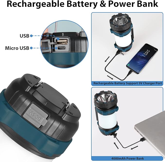 2 Pack Camping Lantern, Outdoor LED Camping Light, Rechargeable Flashlights with 1000LM, 6 Modes, 4000mAh Power Bank, IPX5 Waterproof Portable Emergency Camp Light for Hurricane Survival - Blue