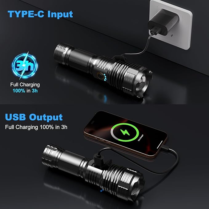 BengMxj Rechargeable LED Flashlights High Lumens Tactical Flashlight with Zoomable Super Bright Waterproof Flashlights for Emergencies,Camping,Hiking,Home
