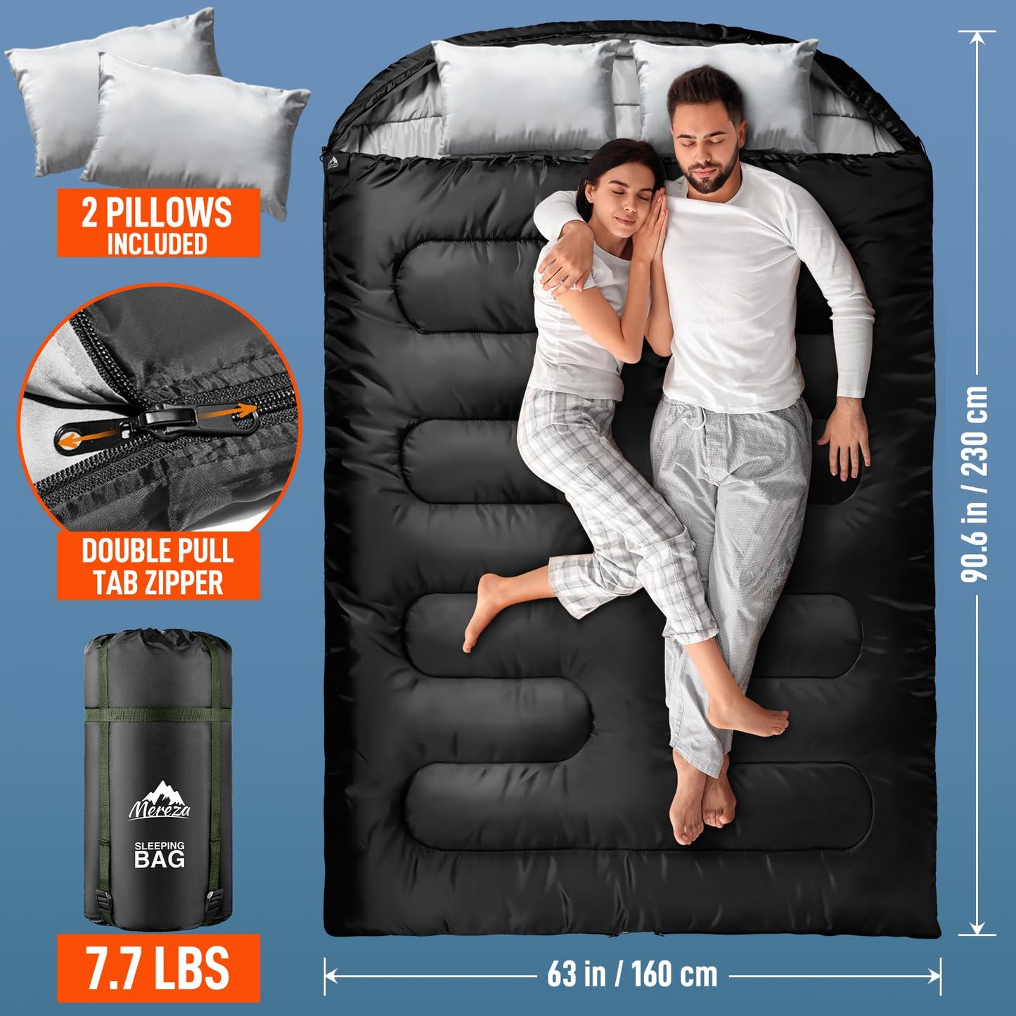 MEREZA Double Sleeping Bag for Adults Mens with Pillow, XL Queen Size Two Person Sleeping Bag for