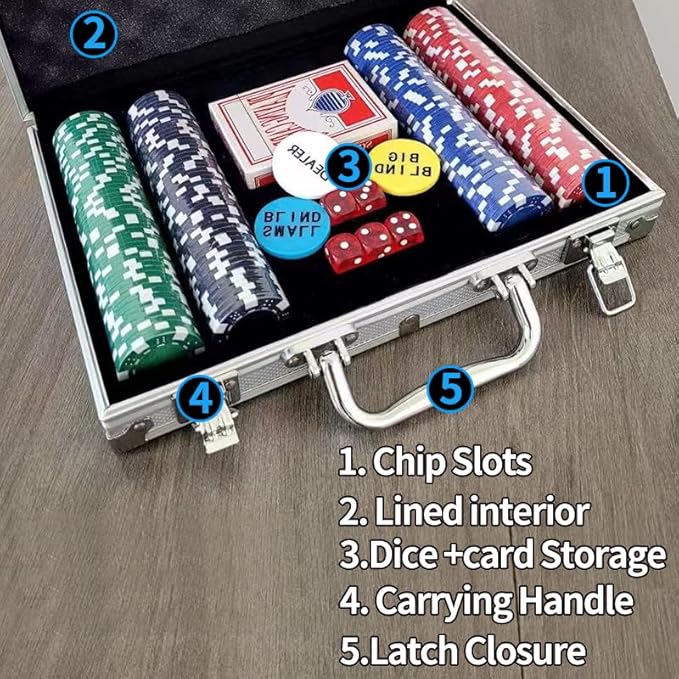 Non-Denominated Poker Chips, 200 11.5 Gram Counterweight Digital Casino Chip Set, 5 Dice, 2 Decks of Playing Cards, Comes in Compact Aluminum Case, for Texas Hold'em and Blackjack, Ages 8 and Up