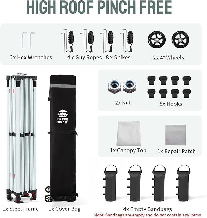 CROWN SHADES 10x15 Pop Up Canopy Tent, Thicken Frame Commercial Heavy Duty Tent, 8 Stakes & 4 Sandbags & 4 Ropes, Outdoor Canopies for Events, Parties,White