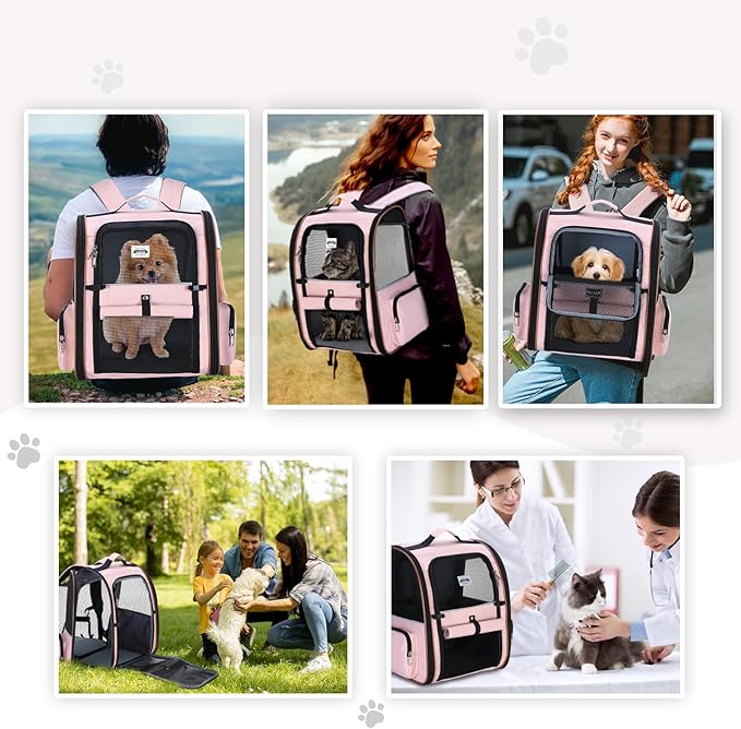 Lekebobor Large Cat Backpack Carrier Expandable Foldable Pet Carrier Backpack for Small Dogs Puppy Medium Cats Fit Up to 18 Lbs for Travel, Hiking,Pink