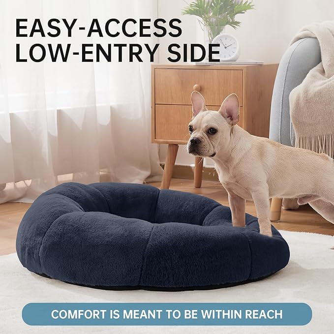 OhGeni 31 inches Calming Donut Orthopedic Dog & Cat Bed for Medium Pets, Warming Comfort Fluffy Short Pile Fur, Durable Waterproof Machine Washable Removable Cover, Cute Round Bed for Puppy, Blue