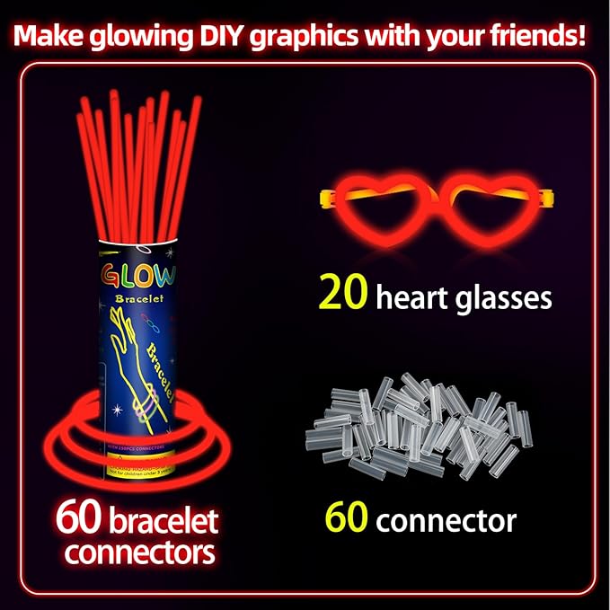 60 Pack 8??Red Glow Sticks Bulk Bright Glow Sticks with 60 Connectors 20 Heart Glasses Glow In The Dark Party Supplies Neon Party Decorations Glow Bracelet Glasses for Holiday Carnival(Red)