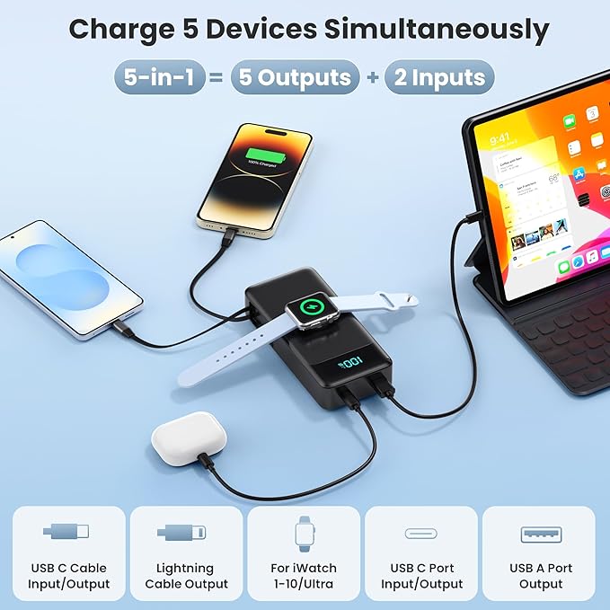 5-in-1 Portable Charger for iPhone,40800mAh Power Bank Built-in Retractable Cable and iWatch Charger,25W PD QC4.0 Fast Charging Battery Pack,Travel Essential Charger for iPhone 17/Air/16,Android,Black
