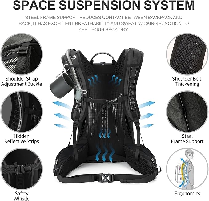 Hiking Backpack, Waterproof Hiking Daypack with 3L Water Bladder and Rain Cover, Lightweight Travel Camping Backpack for Men Women (Black)