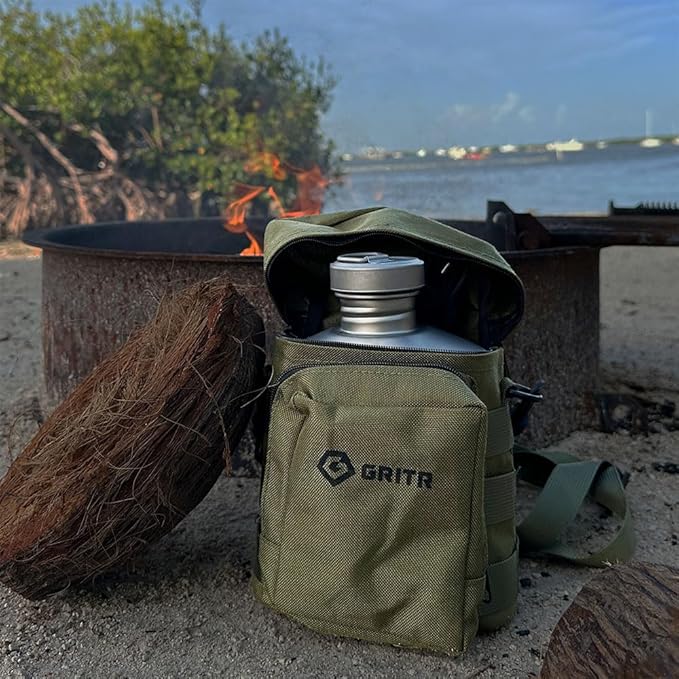 GRITR Titanium Canteen Mess Kit | Compact Portable Camping Open Fire Cookware Set for Backpacking, Hiking, Fishing | Ultralight Durable Outdoor Camp Cooking Utensils - Storage Bag Included