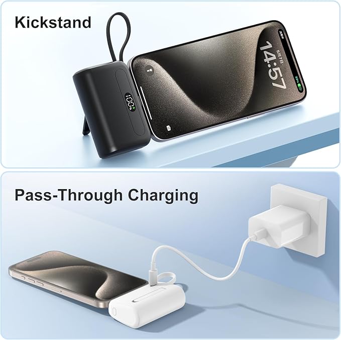 12000mAh Power Bank Mini Portable Charger with Lightning and USB-C Ports LCD Display Battery Pack Compatible with iPhone and Android Smartphone