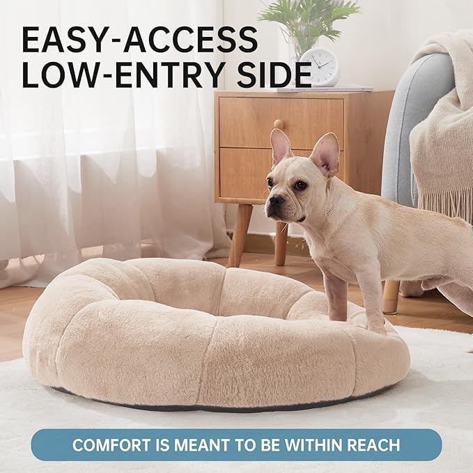 OhGeni 31 inches Calming Donut Orthopedic Dog & Cat Bed for Medium Pets, Warming Comfort Fluffy Short Pile Fur, Durable Waterproof Machine Washable Removable Cover, Cute Round Bed for Puppy, Cream
