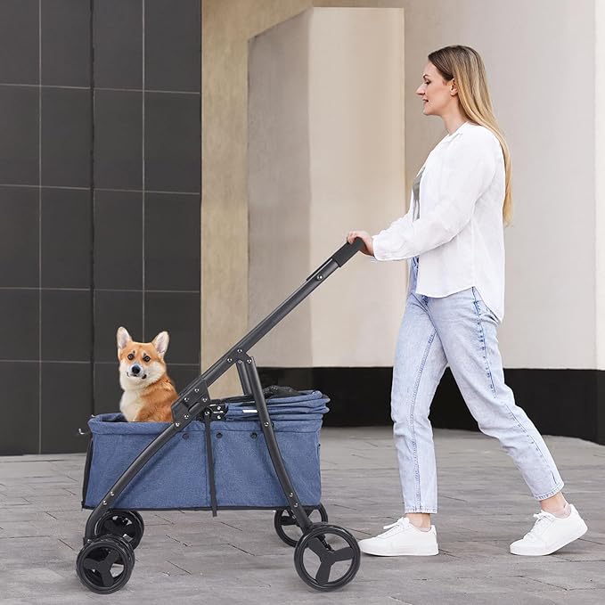 Dog Travel Stroller with 4 Heavy Duty Wheels, Lightweight Foldable Pet Stroller with Mesh Window - Large Capacity Jogger Wagon for Small Medium Dogs Outdoor (Navy)