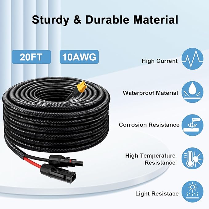 Solar to XT60 Cable 10AWG 20FT Solar Connector to XT60 Adapter Cable for Solar Panel to Battery RV Portable Power Station Solar Generator - 20 Foot