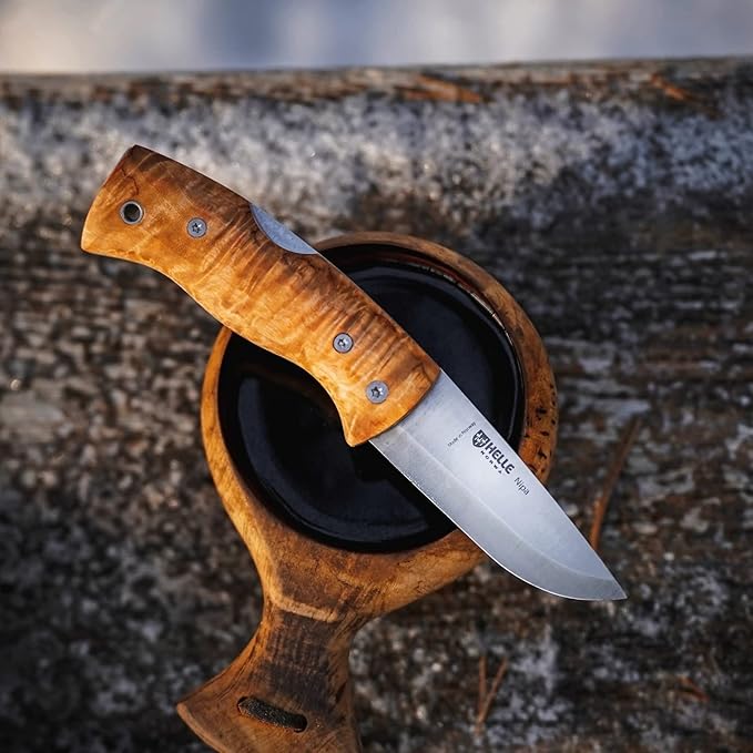 HELLE Knives - Nipa - Mid-Size Folding Knife - 2.72" Stainless Steel Blade with Hand-Sanded Curly Birch Handle - EDC Pocket Knife with Clip - Made in Norway