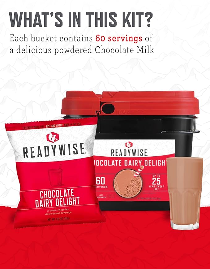 ReadyWise Whey Chocolate Powdered Milk Bucket - 60 Servings, Emergency Food Supply, Protein Camping Meals, Survival Kit & Camping Essentials, Bug Out Bag Supplies, up to 25 Year Shelf Stable Life