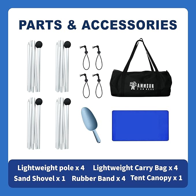 AMMSUN Beach Tent Portable Sun Shelter,9X 9ft Beach Canopy Easy Setup, 9'x9'Lycra Sun Shelter with UPF50+ Protection 4 Sand Bags & 4 Aluminum Poles for Family at The Beach, Camping & Outdoor