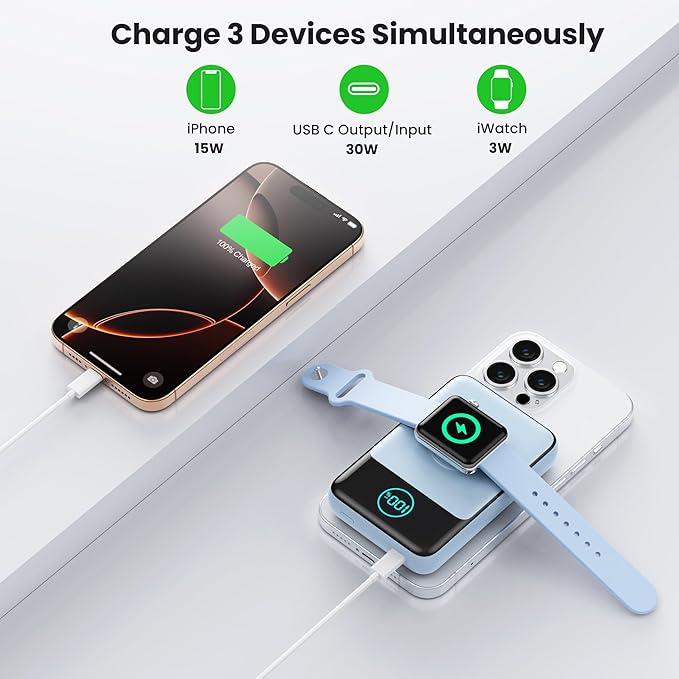 Magnetic Portable Charger for iPhone, 3-in-1 10800mAh Qi2 15W Wireless Power Bank with iWatch Charger,30W PD Fast Charging USB-C LCD Display Battery Pack for Magsafe,iPhone 17/16/15/14/13, Apple Watch