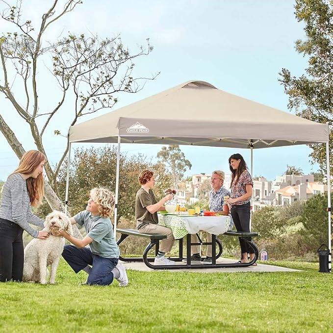 EAGLE PEAK Pop Up Canopy Tent with Wheeled Carry Bag, 8 Stakes, 4 Ropes, 4 Weight Bags, Easy Set Up Tent Canopy, 10x10 ft, 100sqft of Shade, Light Beige