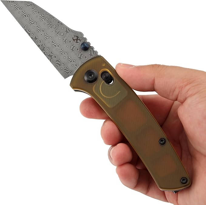 KANSEPT Main Street Pocket Folding Knife, 3.36'' Damascus Sharp Blade, Yellow PEI Handle with Axis Lock and Thumb Stud, Clip for Camping Hiking Fishing Gift Everyday Carry T1015v12