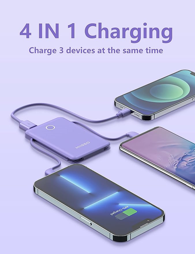 2-Pack 6000mah Ultra Slim Built in Cables Power Bank, Card Size Built in USB C Cords Battery Pack Portable Charger for Phones, 3 Output External Battery Pack Compatible with iPhone, White & Purple